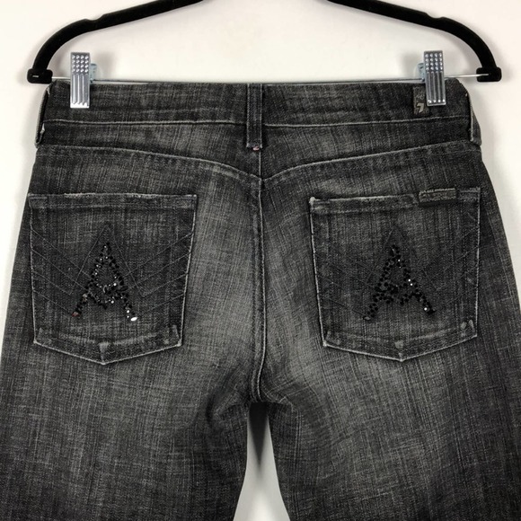 7 for All Mankind 5 pocket distressed embroidered black wash flare leg jeans 28 - Picture 5 of 7